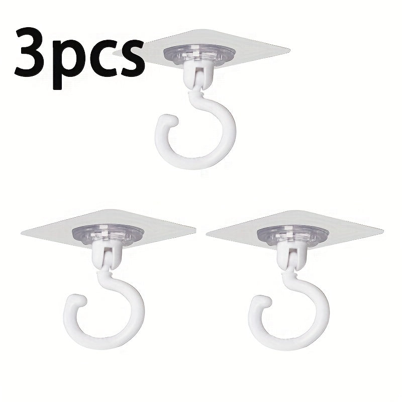 Conjunto de 3 ganchos de techo autoadhesivos y giratorios 360°, soporte de pared sin taladro para dosel de cama, mosquiteros, bufandas y almacenamiento de bolsos