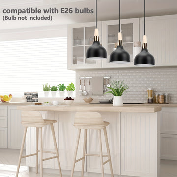 Lámpara colgante moderna de metal negro con domo de madera - Altura ajustable, montaje semiempotrado, candelabro desmontable para isla de cocina, comedor, pasillo, vestíbulo, dormitorio - No incluye bombilla, iluminación de cocina | Acabado metálico eleg