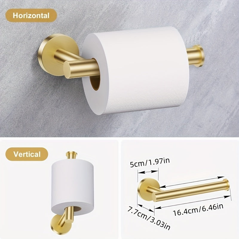 Juego de accesorios de baño, 4 piezas, incluye soporte de papel higiénico, anillo de toallas y 2 ganchos de toallas, juego de accesorios de baño con montaje en pared de acero inoxidable, negro, plateado, dorado.