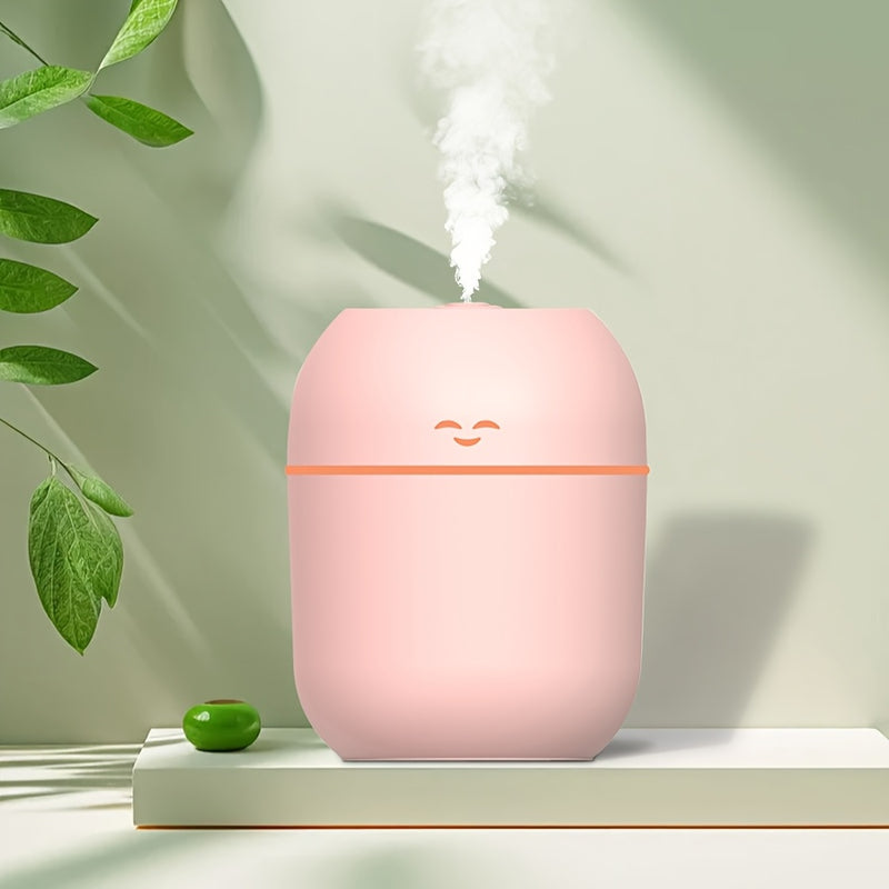 Humidificador de neblina ultrasonico de 220 ml con cara sonriente, blanco/pink, opera silenciosamente sin molestar el trabajo o el descanso, gran salida de neblina para ambientes secos, alimentado por enchufe sin baterías, compacto y ahorrador de espacio