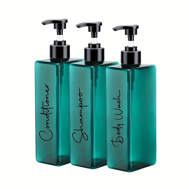 Set de 3 botellas recargables de plástico de 500 ml para champú, acondicionador y gel de baño con etiquetas impermeables para decoración del baño en casa - Contenedores de jabón para la ducha sin necesidad de electricidad