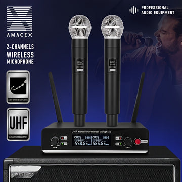 Sistema de micrófono inalámbrico UHF de doble canal AmaceX GM-621 con control de volumen, conector de 6.35 mm, ideal para escenarios, bandas, estudios, músicos y karaoke