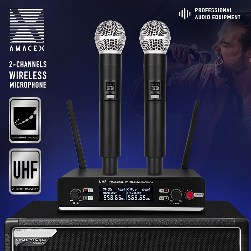 Sistema de micrófono inalámbrico UHF de doble canal AmaceX GM-621 con control de volumen, conector de 6.35 mm, ideal para escenarios, bandas, estudios, músicos y karaoke