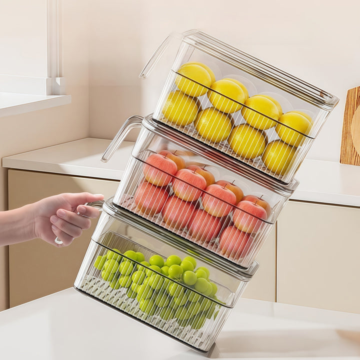 Juego de 3 piezas: 1 tapa + 1 caja + 1 contenedor de refrigerador de gran capacidad con función de temporizador, registra el tiempo de inserción para evitar caducidad y desperdicio, ideal para almacenar verduras, frutas y bebidas en la cocina