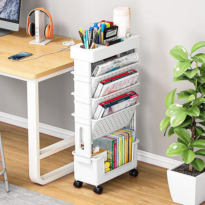 Estantería de Escritorio con 5 Niveles y Ruedas - Almacenamiento Multifuncional para Libros, Revistas y Periódicos - Adecuada para Oficina, Estudio, Dormitorio, Sala de Estar