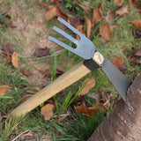 Hacha de doble cara de gran resistencia con mango de madera - Ideal para plantar flores y verduras, jardinería en casa y proyectos de arte | Cabeza de metal robusta, dientes afilados, herramienta de jardinería