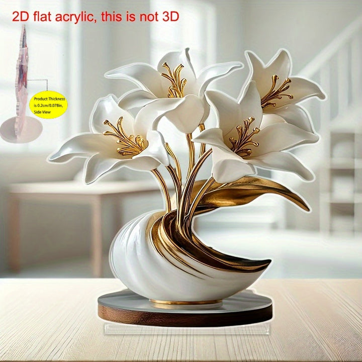 Estatuilla Decorativa Plana en 2D | Adorno de Flor de Lirio y Jarrón de Acrílico - Elección Ideal para Dormitorio, Sala de Estar y Oficina | Adecuado para Hogar, Café, Boda, Aniversario, Ceremonia de Graduación
