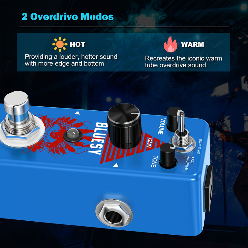Amuzik Blues Driver Pedal de Guitarra - Efecto Overdrive Vintage con Potenciómetro, Volumen y Tonos, True Bypass, Alimentación USB, Compacto para Guitarra Eléctrica y Bajo - Diseño Gráfico Audaz, Construcción Robusta para Uso en Vivo y Estudio, Rendimien