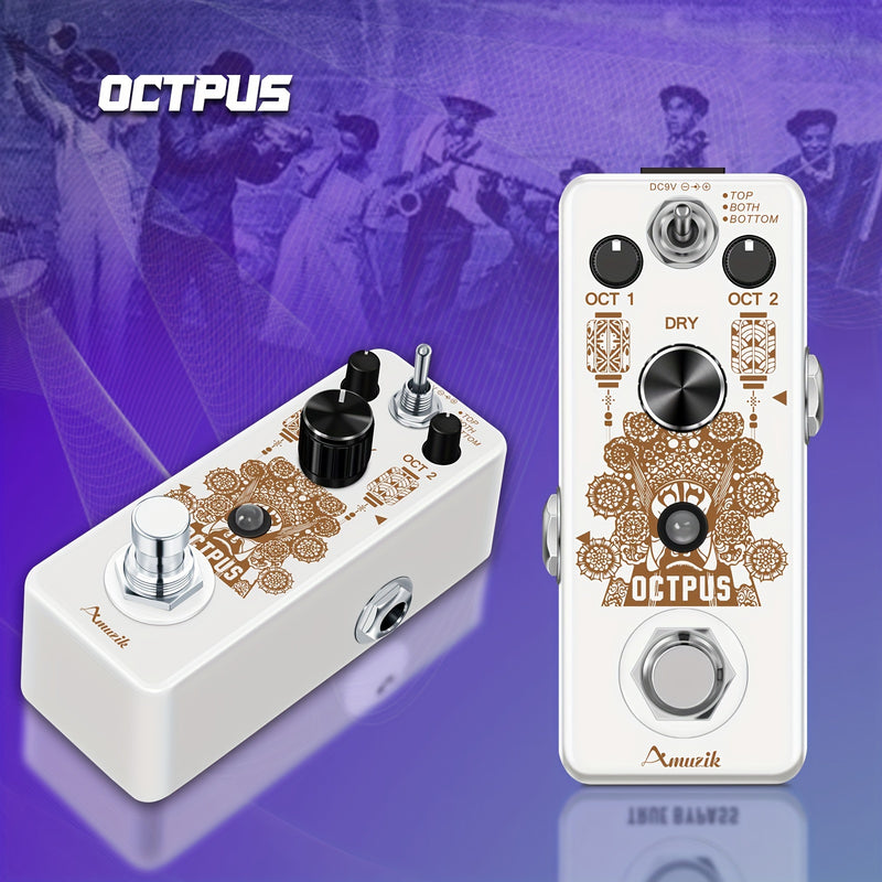 Pedal de guitarra Amuzik Octave - Generador digital de octavas alimentado por USB con bypass verdadero, efectos polifónicos precisos, pedal mini compacto para guitarra eléctrica (blanco)