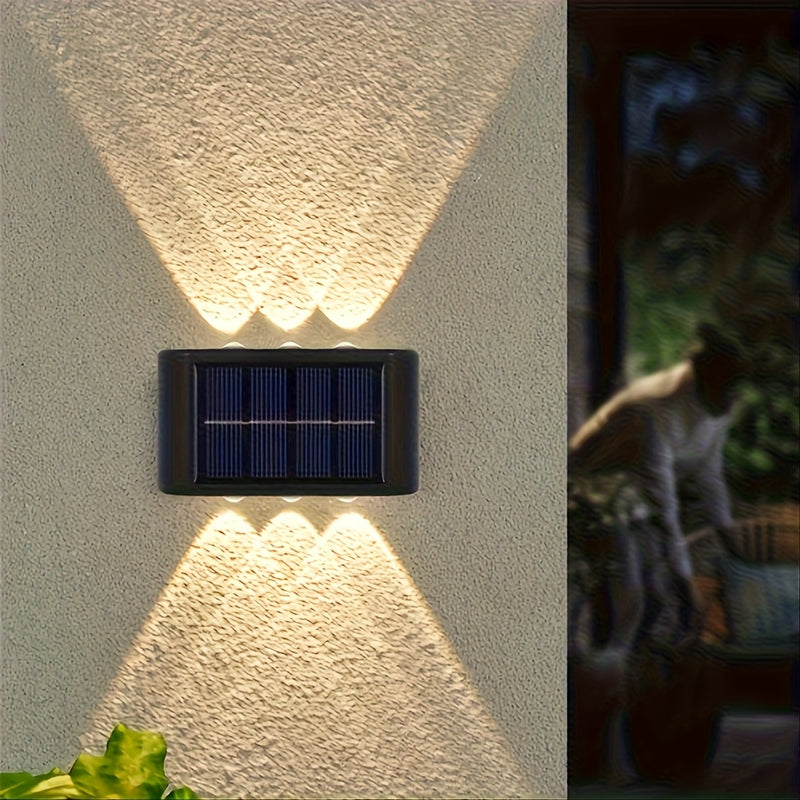 2 pzas. luces solares para pared exterior, luces de pared con doble cabezal, iluminación hacia arriba y abajo, 6 luces LED solares para jardín, calle o paisaje, decorativas, ideales para jardín, patio y balcón, con batería recargable de níquel, capacidad