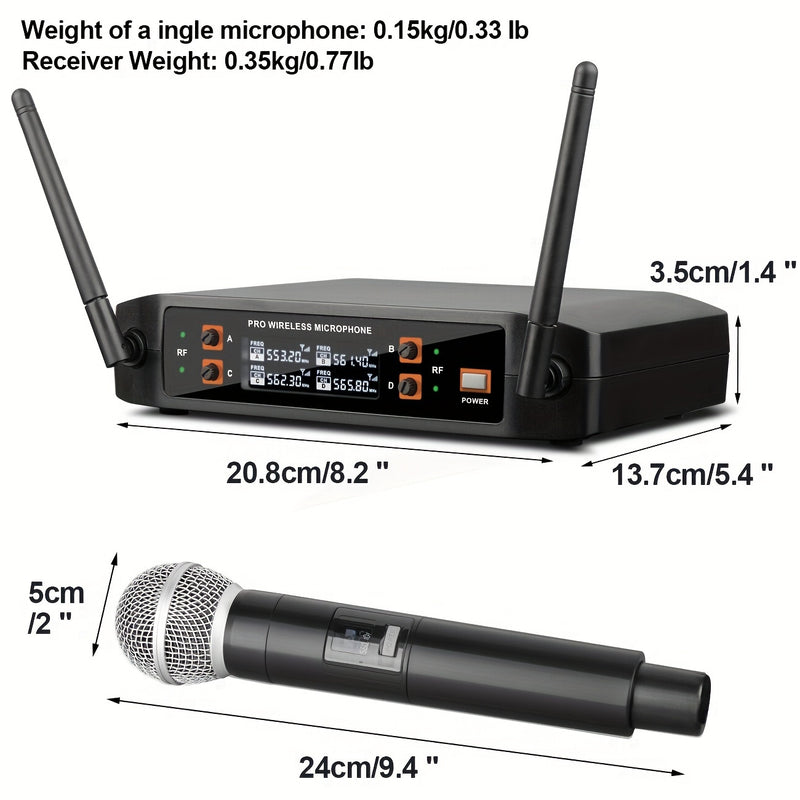 DEPUSHENG Sistema de Micrófono sin varillas Profesional 2/4 Canales con Sonido HD, Anti-Interferencias, Receptor Portátil y Pantalla LCD - Microfónos Mano/Cuello/Cabeza para KTV, Escenarios, Reuniones (Alimentado por Batería, Enchufe US), Micrófono Portá