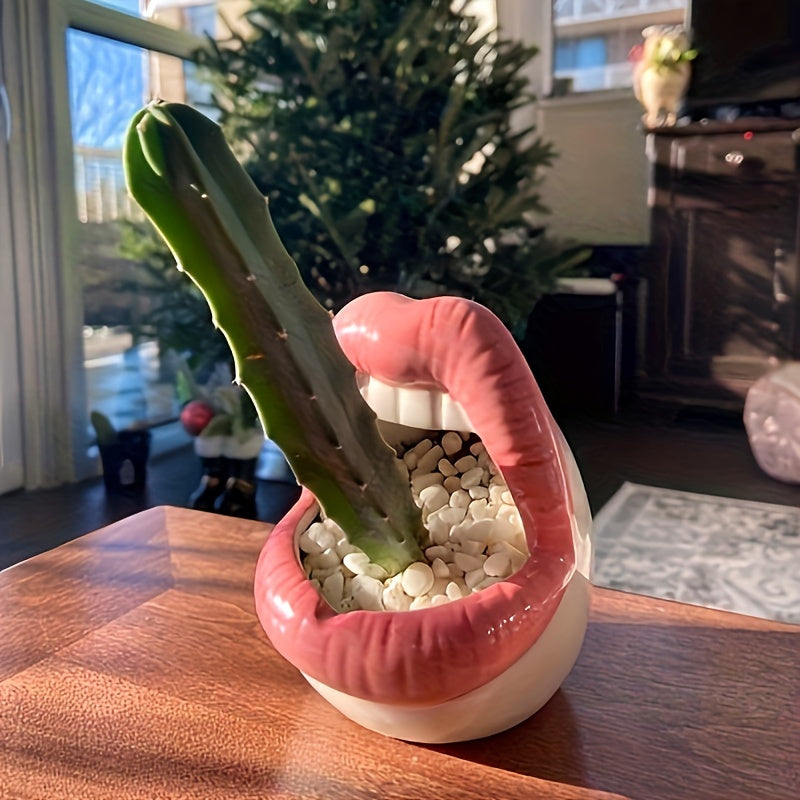 1 maceta con forma de labios de resina, estilo contemporáneo, multifuncional, decorativa para sala de estar, pieza de arte con diseño de labios, maceta liviana para interiores y exteriores