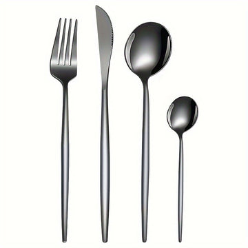Juego de Cubiertos Elegantes de Acero Inoxidable Negro de 16 Piezas - Incluye Cuchillos para Bistec, Tenedores de Cena, Cucharas para Sopa y Postre - Diseño Elegante para Uso Doméstico y en Restaurantes
