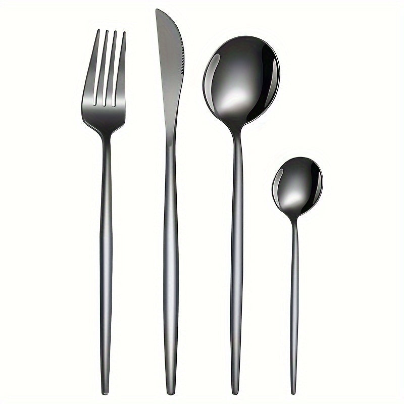 Juego de Cubiertos Elegantes de Acero Inoxidable Negro de 16 Piezas - Incluye Cuchillos para Bistec, Tenedores de Cena, Cucharas para Sopa y Postre - Diseño Elegante para Uso Doméstico y en Restaurantes