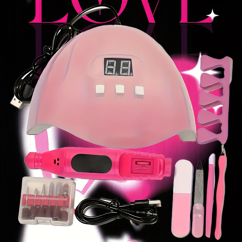 Un juego de herramientas de manicura premium rosa (incluye varias herramientas y una máquina de pulir uñas con 6 cabezas de pulido intercambiables | Lámpara de uñas | Polidor | Herramientas para cutículas y separadores de dedos | Lámpara de uñas LED de s
