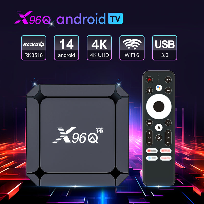 X96Q 3518 Caja de TV inteligente con Android 14, 4K Ultra HD, soporte BT HDR, WIFI6, USB3.0, búsqueda de voz, interfaz de usuario personalizable, chip RK3518 de alta rendimiento de 4 núcleos, procesador gráfico Mail 450, Miracast, DLNA, Airplay, reflejo