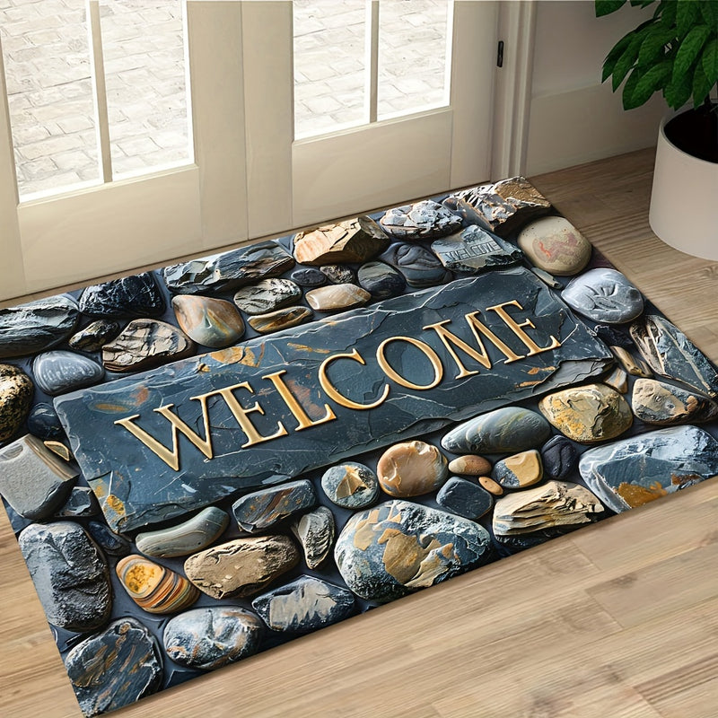 Tapete elegante de bienvenida con diseño de piedras en 2D, rectangular de poliéster de 6 mm de grosor, estampado de piedra, antideslizante, lavable a máquina, ideal para entrada, sala, baño o balcón, decoración artística de lujo para interiores