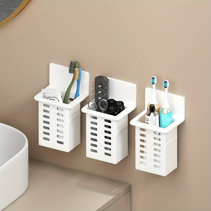 1pc Organizador de Baño Montado en Pared Sin Taladro - Estante Ventilado de Plástico Duradero para Artículos de Aseo, Brochas y Botellas, Almacenamiento Ahorrador de Espacio Blanco y , Fácil Instalación, Estantería para Baño