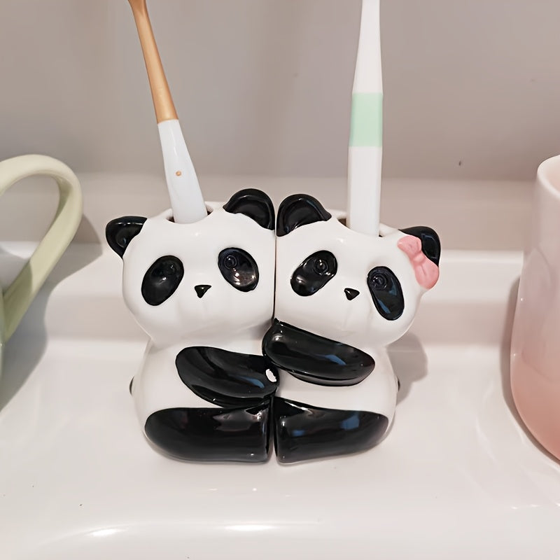 Soporte para Cepillos de Dientes de Cerámica con Diseño de Pandas Lindos, Almacenamiento Ultrasmooth Horneado a Alta Temperatura Sin Taladro para Parejas, Regalo Perfecto Adecuado para la Decoración del Baño