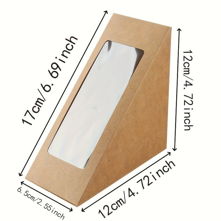 50 Cajas de papel marrón para sándwiches con ventana, pequeños recipientes triangulares para alimentos, sin BPA, aptos para contacto con alimentos, soportes desechables para cupcakes en forma de cuña.