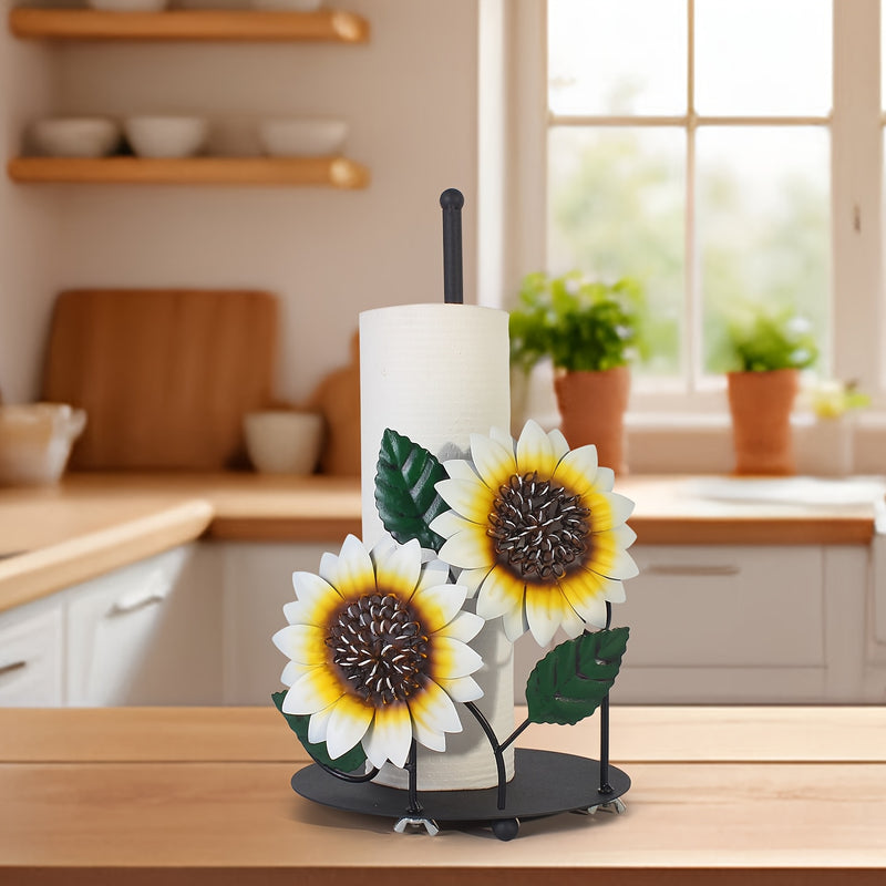 1pc Soporte de papel de cocina de girasol de hierro, encimera, soporte de rollo de papel de mariposa, soporte de rollo de papel, con rejilla de almacenamiento de papel de hierro, para decoración del hogar