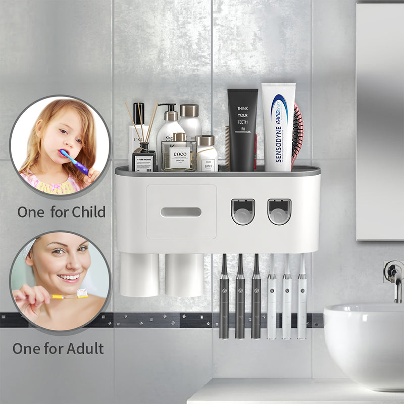 Soporte de Pared para Cepillos de Dientes con Dispensador Automático - 6 Ranuras, Vasos Magnéticos, Cajón para Cosméticos y Bandeja de Almacenamiento - Organizador de Baño Elegante en Negro
