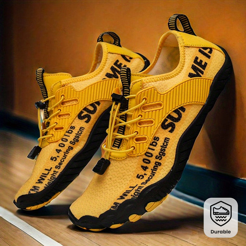 Zapatos de Agua Antideslizantes para Hombre - Parte Superior Ligera con Estampado de Letras Amarillo y Brillante, Suela de TPU para Exteriores, Ropa Casual, Zapatos de Agua al Aire Libre | Zapatillas Modernas | Suela de TPU Duradera, Calzado de Alta Cali