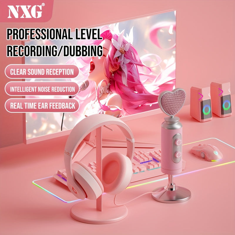 NUOXIANGE Micrófono Rosa para Niñas con Iluminación RGB, Conexión USB Compatible con PC y Mac, Grabación de Condensador, Silencio Táctil, Base Estable, Reducción de Ruido, Plug-and-Play Profesional para Gaming, Podcasting y ASMR