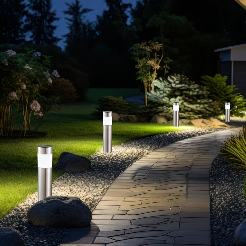 Luces solares LED para césped, luces decorativas de paisaje cilíndricas de acero inoxidable, ideales para patios, jardines, caminos, aceras y espacios exteriores con ambiente festivo