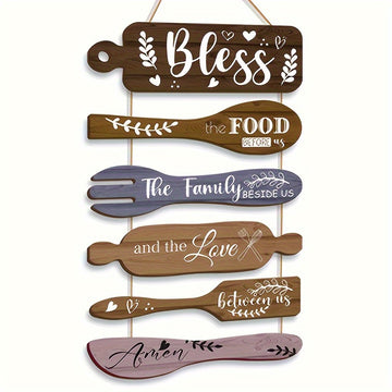 Decoración de Pared para Cocina Campestre "Bendice Nuestra Comida", 6 piezas en 2D Plano, Arte Divertido con Patrón de Restaurante, Pintura Colgante de Madera Retro, Adecuada para la Decoración del Salón de Comedor al Estilo Campo