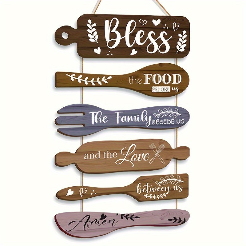 Decoración de Pared para Cocina Campestre "Bendice Nuestra Comida", 6 piezas en 2D Plano, Arte Divertido con Patrón de Restaurante, Pintura Colgante de Madera Retro, Adecuada para la Decoración del Salón de Comedor al Estilo Campo