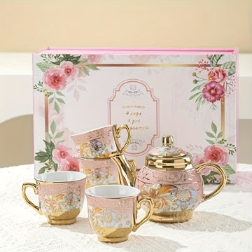 Juego de té de cerámica dorada estilo europeo, 5 piezas, incluye 1 tetera y 4 tazas, set para café, ideal para fiestas de té, restaurantes o cafeterías, en empaque de regalo