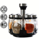 Organizador de especias giratorio 360°, juego de 6/12 frascos con acabado metálico pulido y recipientes de vidrio para rellenar especias, ideal para cocina, alacena o mostrador