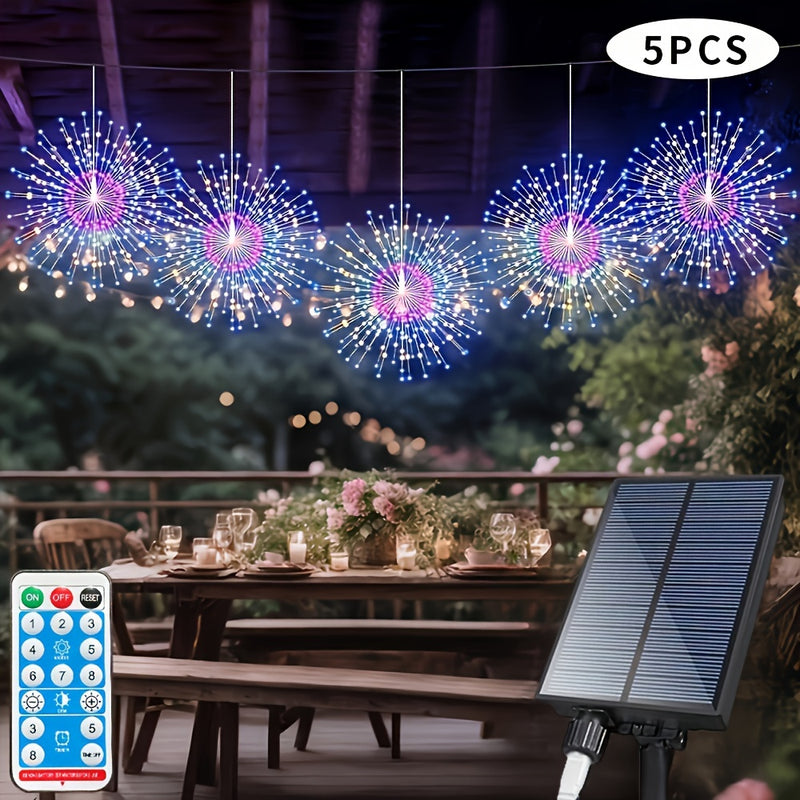 5 piezas de luces de bola de estrella solar de 480 LED, control remoto con temporizador, 8 modos de luces de hadas ajustables, luces de fuegos artificiales de cable de cobre, para fiesta de patio, tienda de Navidad, batería de níquel puro de cobre IPX4