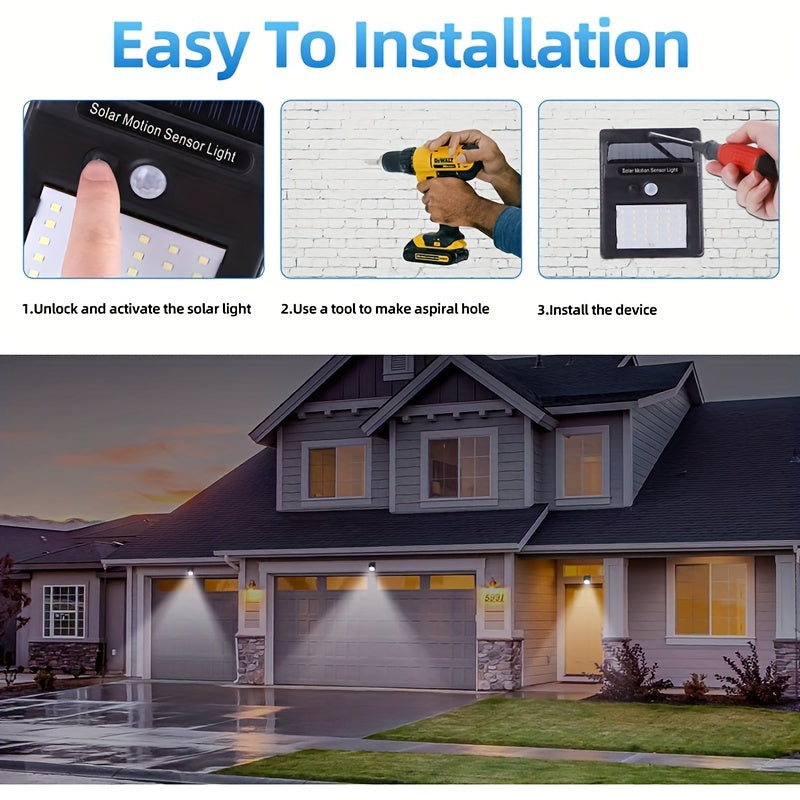 4 luces solares para pared exterior, con sensor de movimiento para jardín, escaleras y caminos, incluye hardware de instalación, montaje semiempotrado, control de interruptor, material plástico, energía solar con batería de litio, iluminación para camino
