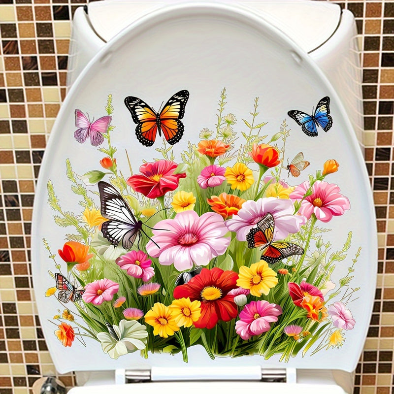 Calcomanía para Tapa de Inodoro de Flores y Mariposas - Pegatina de PVC Mate Reutilizable para Superficies de Baño de Cerámica, Forma Irregular, Arte de Pared Multiusos para Decoración del Hogar