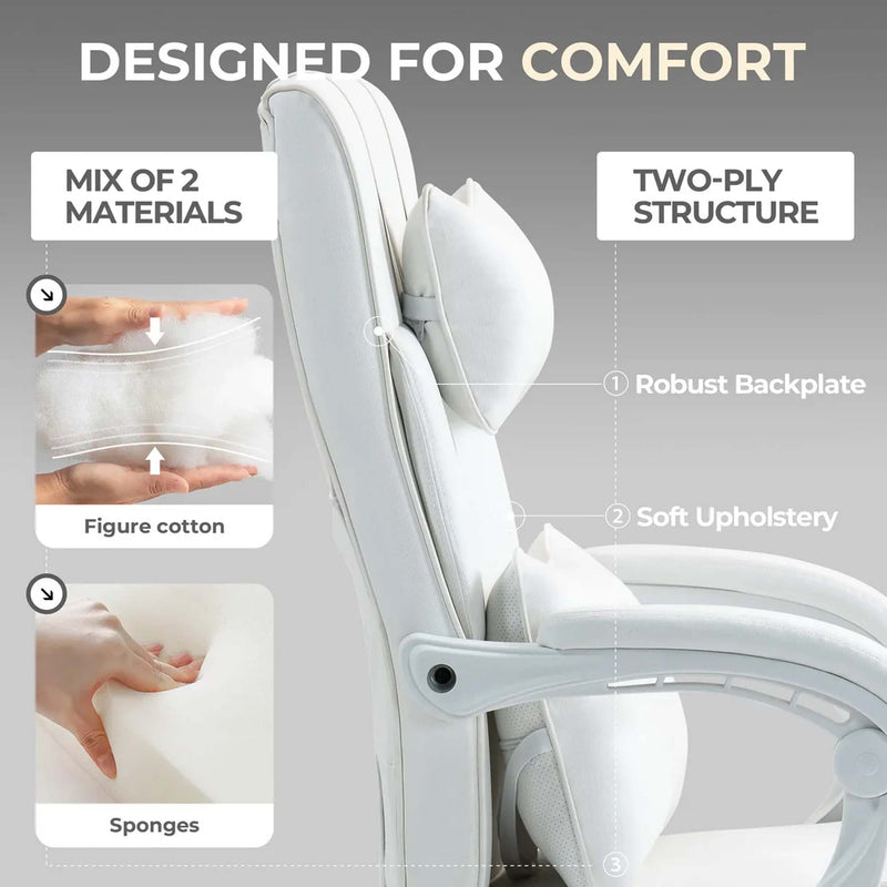 Silla de juego ergonómica para oficina con soporte lumbar y reposabrazos - Altura ajustable, giro de 360°, base de 5 ruedas - Poliéster duradero, blanco - Uso en casa y dormitorio, silla para escritorio