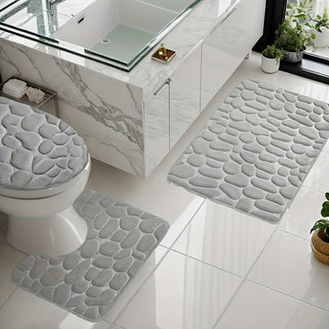 Juego de Alfombras para Baño de Espuma Viscoelástica 3 piezas - Ultraluertas y Absorbentes Antideslizantes en Forma de U para Inodoro, Alfombrillas Lavables a Máquina para Ducha y Bañera con Base de Fieltro, Tapetes Negros para el Suelo del Baño por Segu