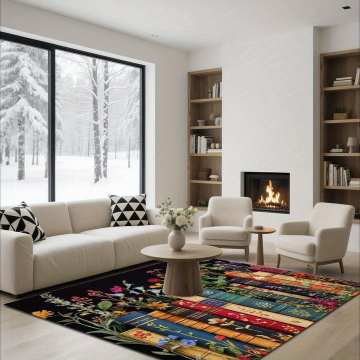 1pc Alfombra de Terciopelo con Diseño Floral y Patrón de Libros, Ideal para Cocina, Dormitorio, Sala, Estudio, Pasillo o Entrada – Ligera, Antideslizante y Lavable a Máquina