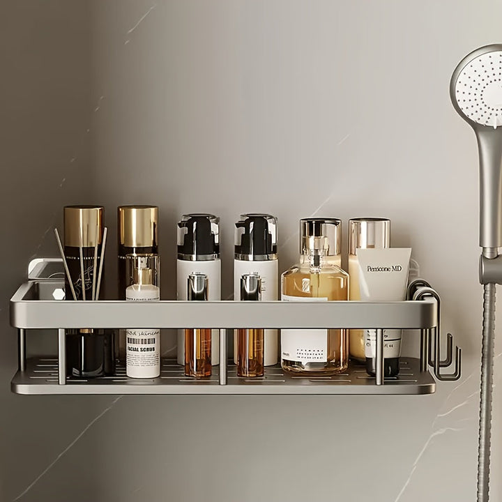 Estante de aluminio de gran capacidad con gancho, sin taladro, para montar en la pared, adecuado para baño y cocina, estante de almacenamiento fácil de instalar que ahorra espacio para artículos de tocador, cosméticos y artículos varios.