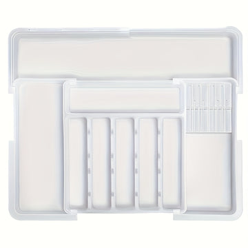 Caja de almacenamiento de cubiertos, organizador de cajones de utensilios de cocina expansible, adecuado para tenedores, cuchillos, soporte de cubiertos de plástico ajustable, división de almacenamiento, uso para todas las estaciones.