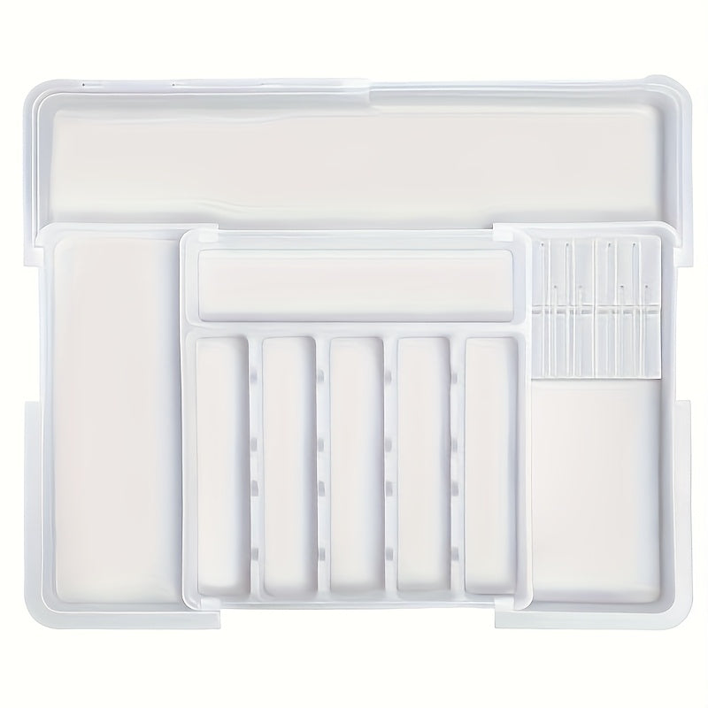 Caja de almacenamiento de cubiertos, organizador de cajones de utensilios de cocina expansible, adecuado para tenedores, cuchillos, soporte de cubiertos de plástico ajustable, división de almacenamiento, uso para todas las estaciones.