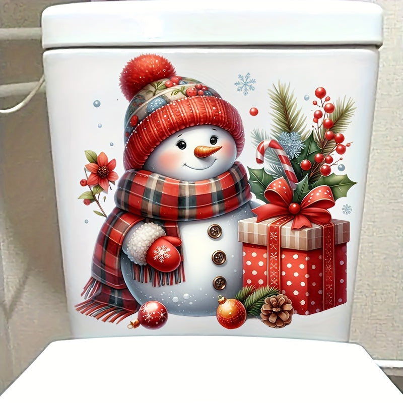 1 calcomanía de muñeco de nieve navideño para baño - Fácil de aplicar y quitar, decoración navideña con sombrero rojo, bufanda a cuadros y regalos de temporada, adhesivo para azulejos para crear ambiente festivo en el hogar