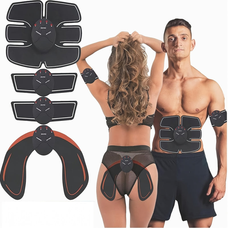 1 entrenador abdominal + 1 ejercitador de brazos + 2 removedores de grasa - Funciona con baterías, parches de masaje de silicón para ejercicio en casa y tonificación muscular, enfocado en todo el cuerpo, sin aroma, ideal para uso familiar, dispositivo de