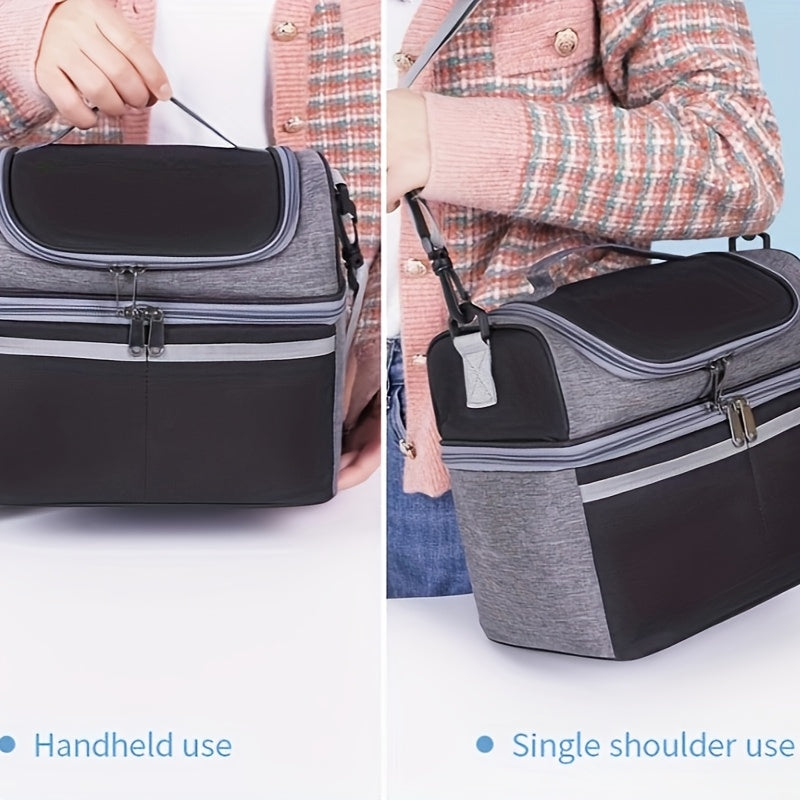 Lonchera térmica de doble capa, no para contacto con alimentos, gran capacidad, con correa para hombro y asa, resistente tela Oxford, ideal para el trabajo y la escuela, negra con detalles a rayas