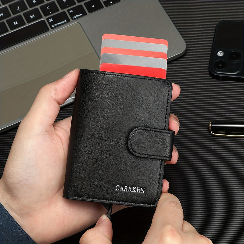 Cartera de Cuero PU Negra para Hombre CarrKen - Estilo Elegante de Negocios con Cierre Seguro a Presión, Gran Capacidad y Múltiples Ranuras para Tarjetas - Regalo Ideal para el Profesional Moderno