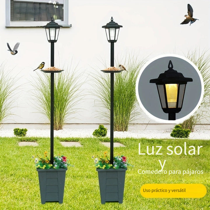 Comedero para pájaros solar retro con maceta inferior, ideal para decoración de jardín, lámpara solar creativa de doble nivel para ambiente exterior