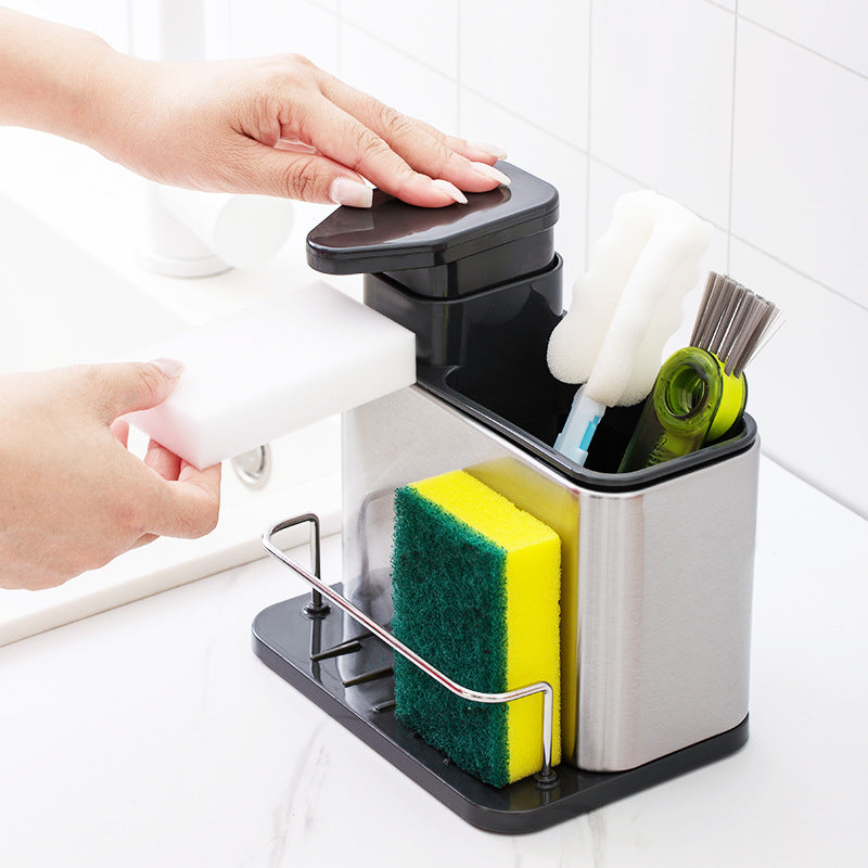 1 pieza, dispensador de jabón para fregadero de cocina de acero inoxidable con soporte para esponja, bandeja organizadora 3 en 1 para líquido de lavado de platos y esponjas, soporte de drenaje, almacenamiento de encimera para cepillos de limpieza y platos