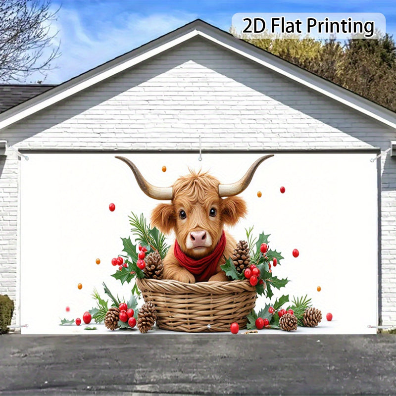 Banner de puerta 2D, 1 unidad, decoración navideña con elementos navideños, cabeza de vaca en cesta, poliéster, ideal para regreso a clases, fiestas hawaianas, Halloween, fondo decorativo para habitaciones y jardines al aire libre, perfecto para Navidad
