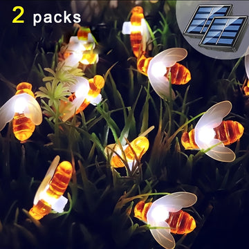 Luces de hada de jardín navideño solares en forma de abeja, pack de 2, 60 LED, luces de jardín de tema animal de plástico, control de botón, luz blanca, alimentadas por energía solar con batería de níquel de 600mAh, función de parpadeo, paneles solares r
